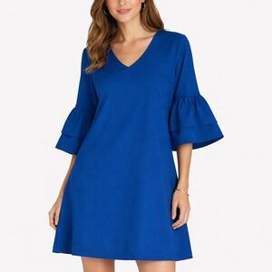 Belongsci Blue V-Neck Tiered Ruffle Bell Sleeve Shift Dress Large